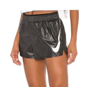 NIKE Black Large White Swoosh Lined GLOSSY Running Gym Athletic Shorts Sz L